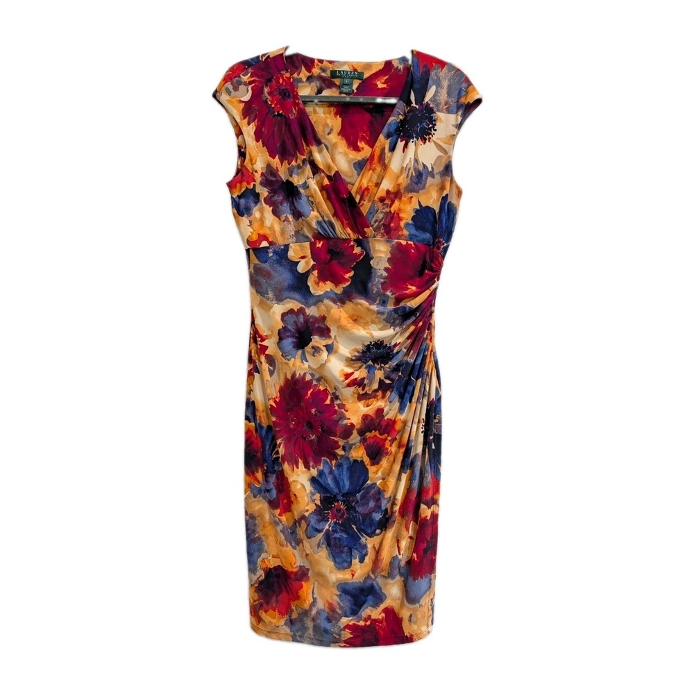 Lauren Ralph Lauren Womens Fall Mul Raisen Floral Ruched Sheath Dress 8 Wrap